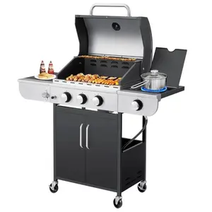 3-Burner Countertop Propane Gas Grill with Side Burner, 24, 000 BTU Outdoor Barbecue Grill with Ceramic-Coated Cast Iron Grates, Thermometer, and Stainless Steel Lid for Patio, Backyard, Balcony Portable Bbqs
