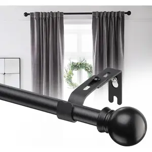 Curtain Rods for Windows 30-90 Adjustable, Matte Black Curtain Rod with Simple Round Finials, 5/8 in Metal Drapery Rods for Bedroom, Outdoor Patio, Anti-Rust Single Rod with Wall Mounted Bracket