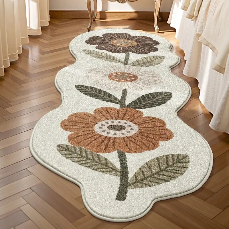 An American retro floral bedside strip carpet pastoral cream style bedroom decoration plush carpet fluffy soft living room sofa washable carpet thickened irregular study lounge corridor bay window balcony non-slip floor mat Flower Pattern Rugs