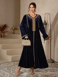 Women's Loose Fit Ethnic Long Dress, Velvet Fabric, Elegant Style, Casual Boho Chic for Fall & Winter, Perfect for Casual Wear