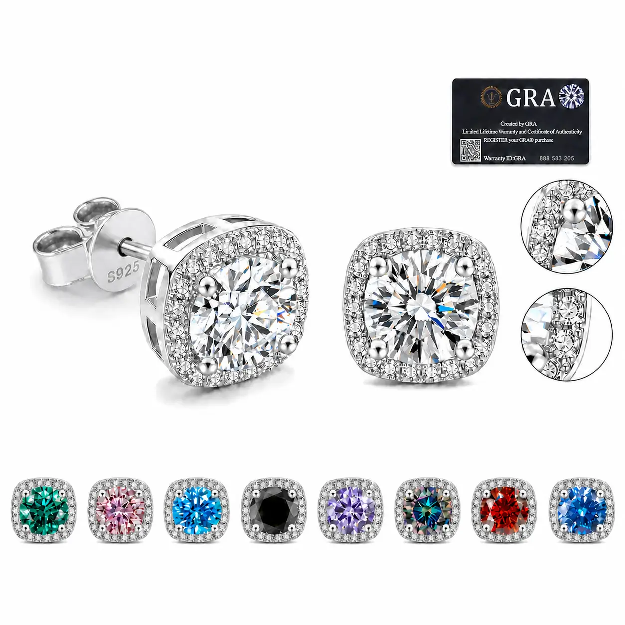 Moissanite Stud Earrings for Women, S925 Sterling Silver Square Halo Lab-Created Earrings, D Color VVS Birthday Mother's Day Wedding Gift