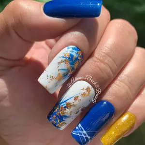 Blue and White Press On Nails 3D Glam With Gold Accents