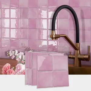 12/24 PCS per Box D-PBS Epoxy Decorative Tile Wall Stickers PET+PU Material Macaron Pink Glossy Small Square Tile Waterproof Oil-Proof for Kitchen Bathroom Floor Ceiling Tile Old Wood Board Home Decor