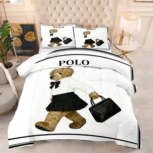 Girl's dress with teddy bear print pattern bedding set, including 1 blanket and 1 or 2 pillowcases without pillowcases, soft adult bedroom decoration gift, Soft Bedding Sets