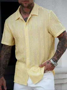 Men's Summer Casual Shirt, Knit Jacquard Design, Fitted Woven Fabric, Suitable for Daily & Festive Wear, Plain Pattern
