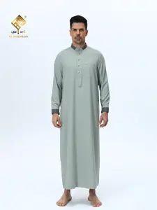Men's Muslim Long Robe, Plaid Stand Collar Metal Buckle Design, Anti-Wrinkle Fabric, Casual Loose Fit, Islamic Traditional Clothing