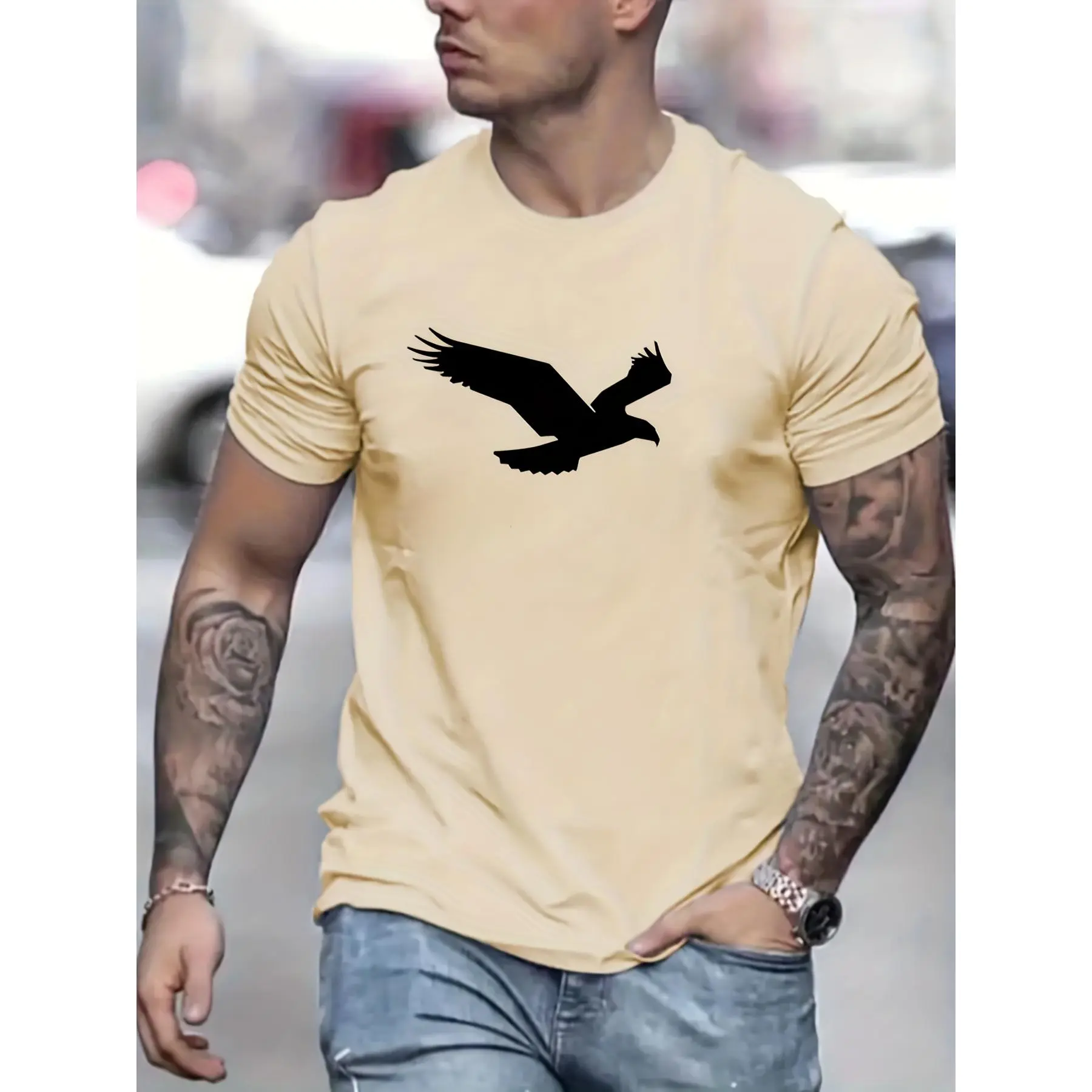 Streetwear Eagle Graphic T-Shirt for Men, Breathable 200g Stretch Cotton Short Sleeve with a Round Neck, Tshirt, Light Airy Men's Short Sleeves Sport T-Shirt