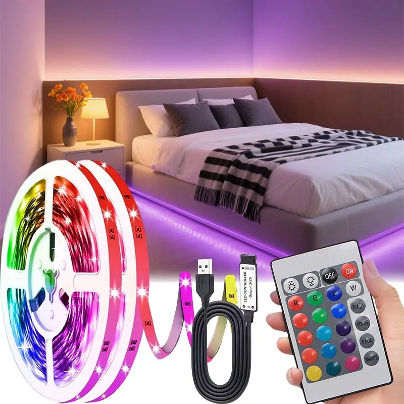 1pc bedroom background LED light strip, USB RGB 3535 LED light strip, 1m-30m, 24-key controller for room decoration