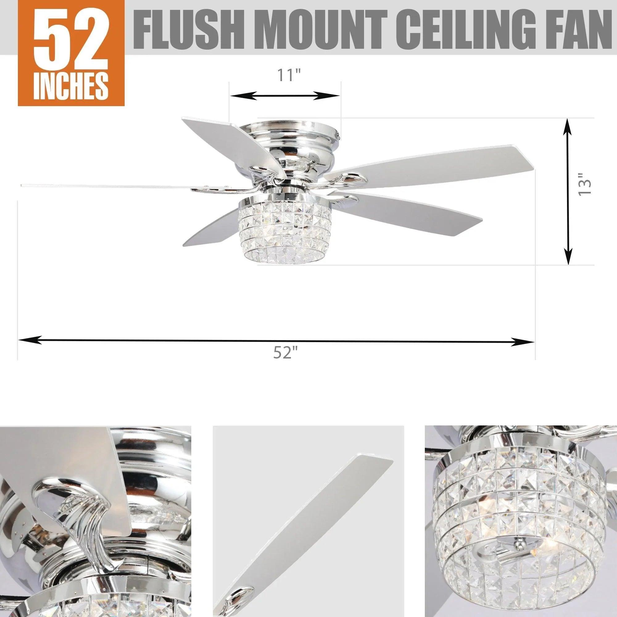 52" Panipat Modern Chrome Flush Mount Crystal Ceiling Fan with Light & Remote Control