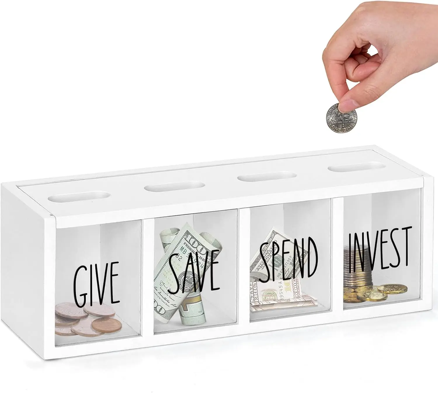 Large 4-Slot Wooden Kids Piggy Bank (Give, Save, Spend, Invest) - Countertop & Wall-Mount Visualized Money Box for Bills & Coins | Ideal for Living Room, Laundry Room