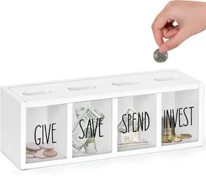 Large 4-Slot Wooden Kids Piggy Bank (Give, Save, Spend, Invest) - Countertop & Wall-Mount Visualized Money Box for Bills & Coins | Ideal for Living Room, Laundry Room