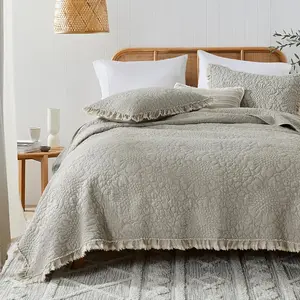 Beige Ruffled Quilt King Size, Stone-Washed Microfiber Lightweight Crinkled Farmhouse Rustic Shabby Chic Bedding Set, 3 Pieces Reversible Bedspread with Pillow Shams for All Season