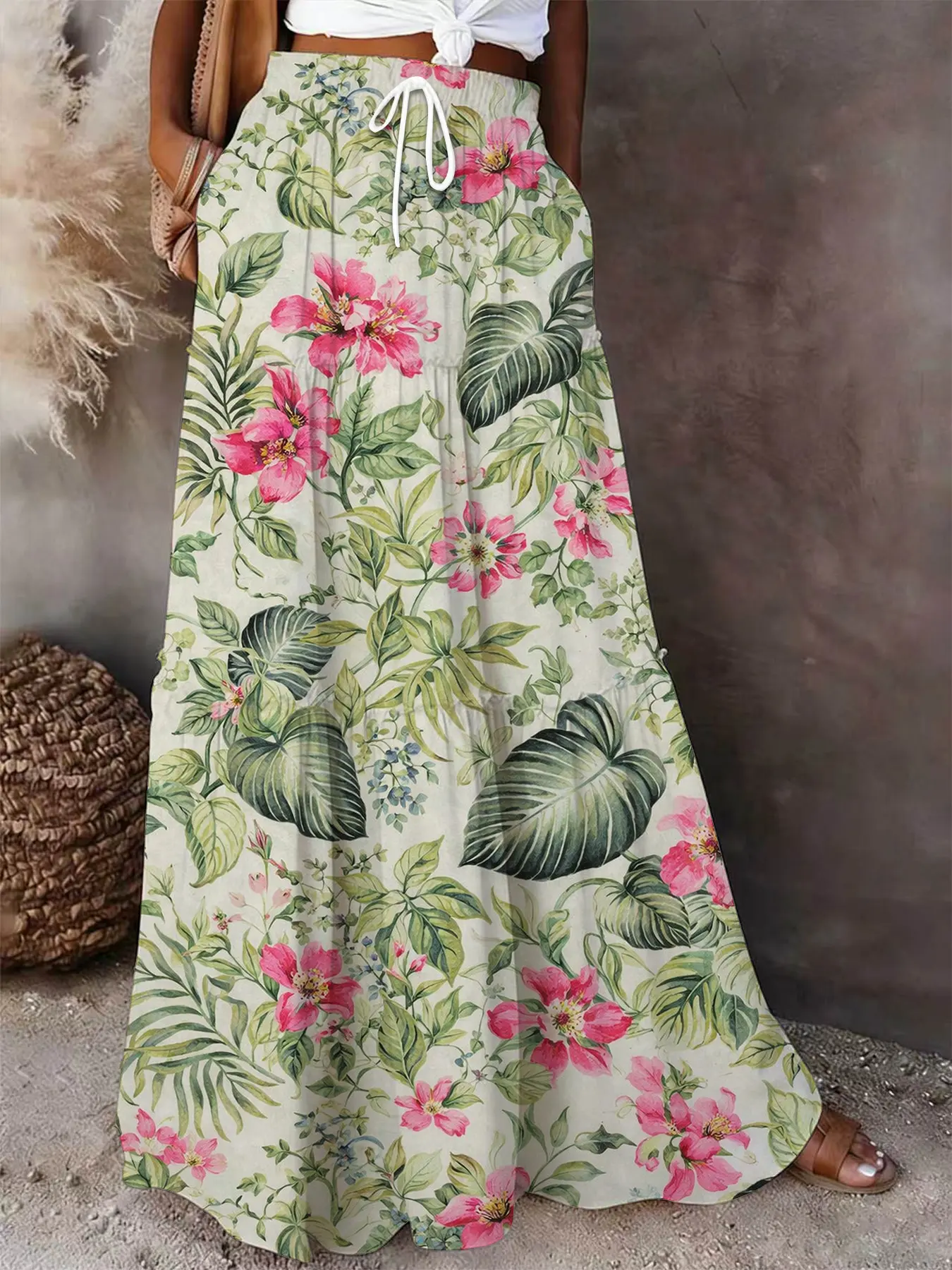 Green Leaf Print Maxi Skirt | Boho Botanical Tiered Skirt with Pockets