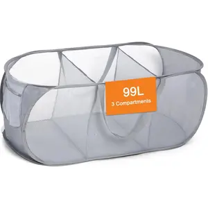 Collapsible Foldable Laundry Hamper, Sturdy 3 Compartments, & Easy to Sort Clothes Hampers for Dorm, Kids Room, Travel - Grey