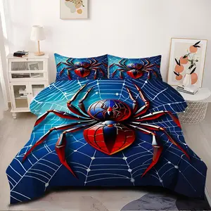 2/3Pcs Superhero Spider Themed Comforter Set, Cartoonish Spider and Web Bedding Set, Vibrant Deep Blue Design, Perfect for Kids and Teen Bedroom Decor, Stylish and Fun Addition to Any Room!1 or 2 Pillowcase No Pillow Core