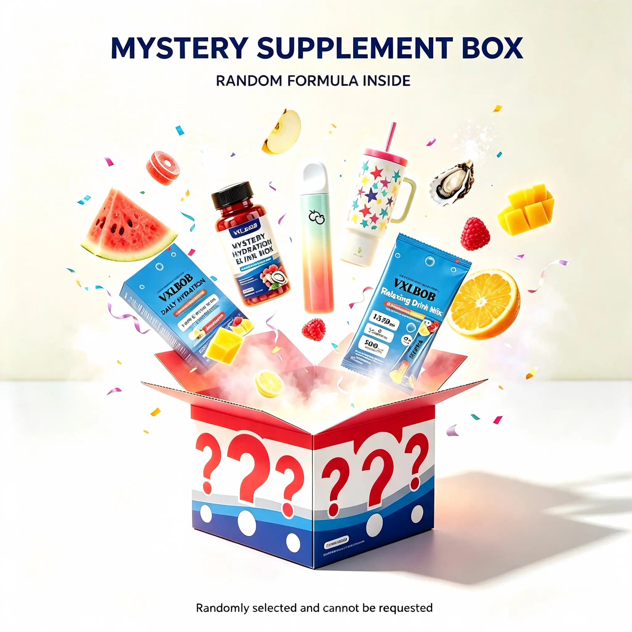 mystery box Beverage mixes, dietary supplements, random aromatherapy scents