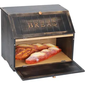 Double Layer Large Bread Box for Kitchen Counter, Retro Design Wooden Large Capacity Bread Storage Bin (Vintage Black)