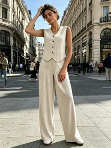 Women's 2-Piece Fitted Casual Suit Set, Straight Leg Striped Single Button Sleeveless Jacket, Summer Office Commute Top, Fashionable Business Wear