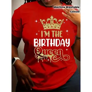 Lady's Glitter Cotton T-Shirt - "I'm the Birthday Queen" Golden Lettering & Crown Design, Bright Red, Casual Round Neck Short-Sleeve, Medium Stretch Fabric, Machine Washable Birthday Party Outfit for Spring Summer, Tshirt