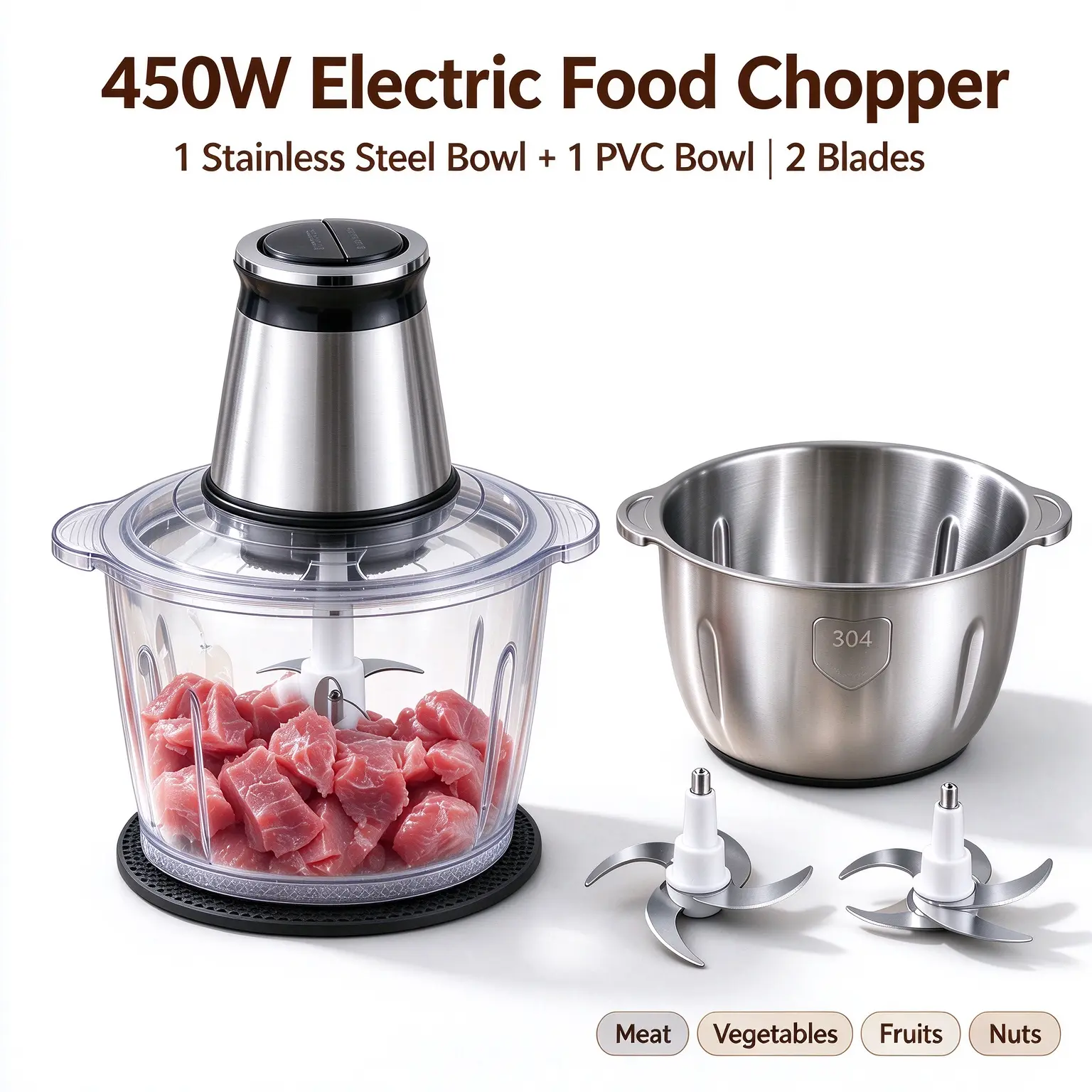 450W Food Processors with 2 Bowls, Meat Grinder 4 Bi-Level Blades, Mini Electric Food Chopper, for Baby Food, Meat, Onion, Vegetables Chopper, 2 Speed, Christmas Gifts
