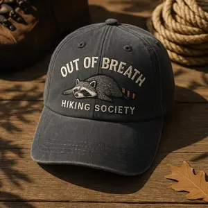 Out Of Breath Hiking Society Raccoon Embroidered Wash Dad Cap, Funny Outdoor Gift, Tired Animal Hat, Women Men Trucker Hat, Sarcasm Cap, Funny Humor Cap, Adult Humor Hat, Trendy Hat for Women, Funny Humor Embroidery Hat