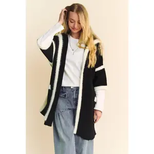 Davi & Dani Fuzzy Trim Open Front Loose Fit Cardigan