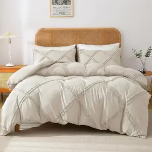 Boho Duvet Cover Beige - Tufted Comforter Cover Set Geometric Textured King Size Bedding Set with Corner Ties & Zipper Closure
