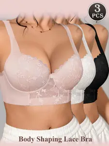 3PCS Women's Mesh Floral Adjustable Bra, Underwire Lift Anti‑sagging Breathable Bra, Comfort side Breasts Not Move Wide Straps Tummy Smoothing, Everyday Wear