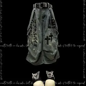 Seven-Part Patchwork Wide Leg, Distressed Wrinkled Pants Menswear Trouser Man Streetwear Denim Pocket Tropical Casual