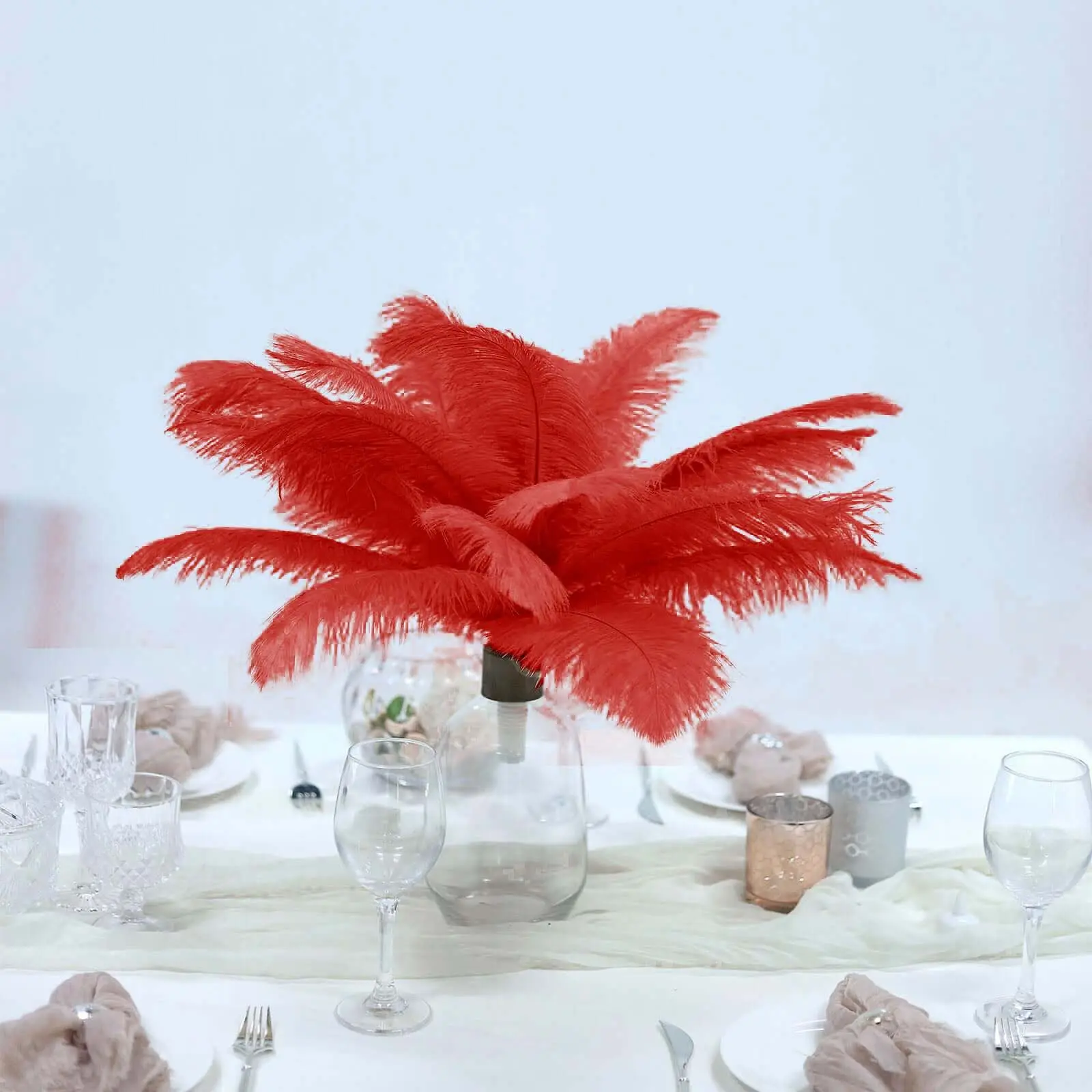 12-Pack 13-15 in Red Natural Plume Real Ostrich Feathers, DIY Feather Centerpieces Fillers for Eiffel Tower Centerpieces, Festive Home & Party Decor Supplies