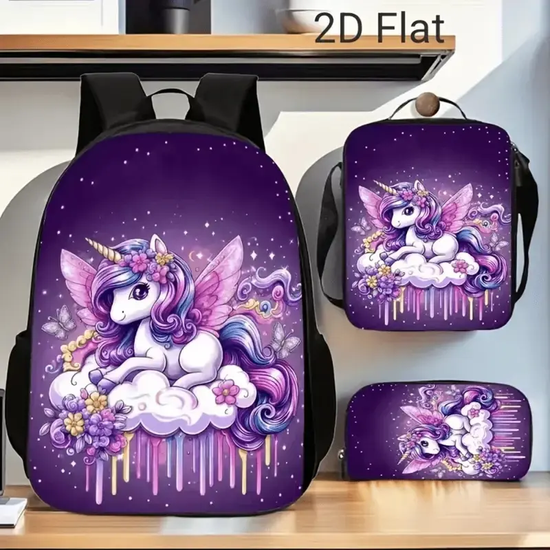 17 in 3pcs Cute Fantasy Unicorn Cloud Graphic Backpack Set Pack - Durable Large-Capacity Bookpack, Insulated Lunch Bag, Multi-Functional Pencil Case with Adjustable Straps, Zipper Compartments, Organized for School/Travel Use