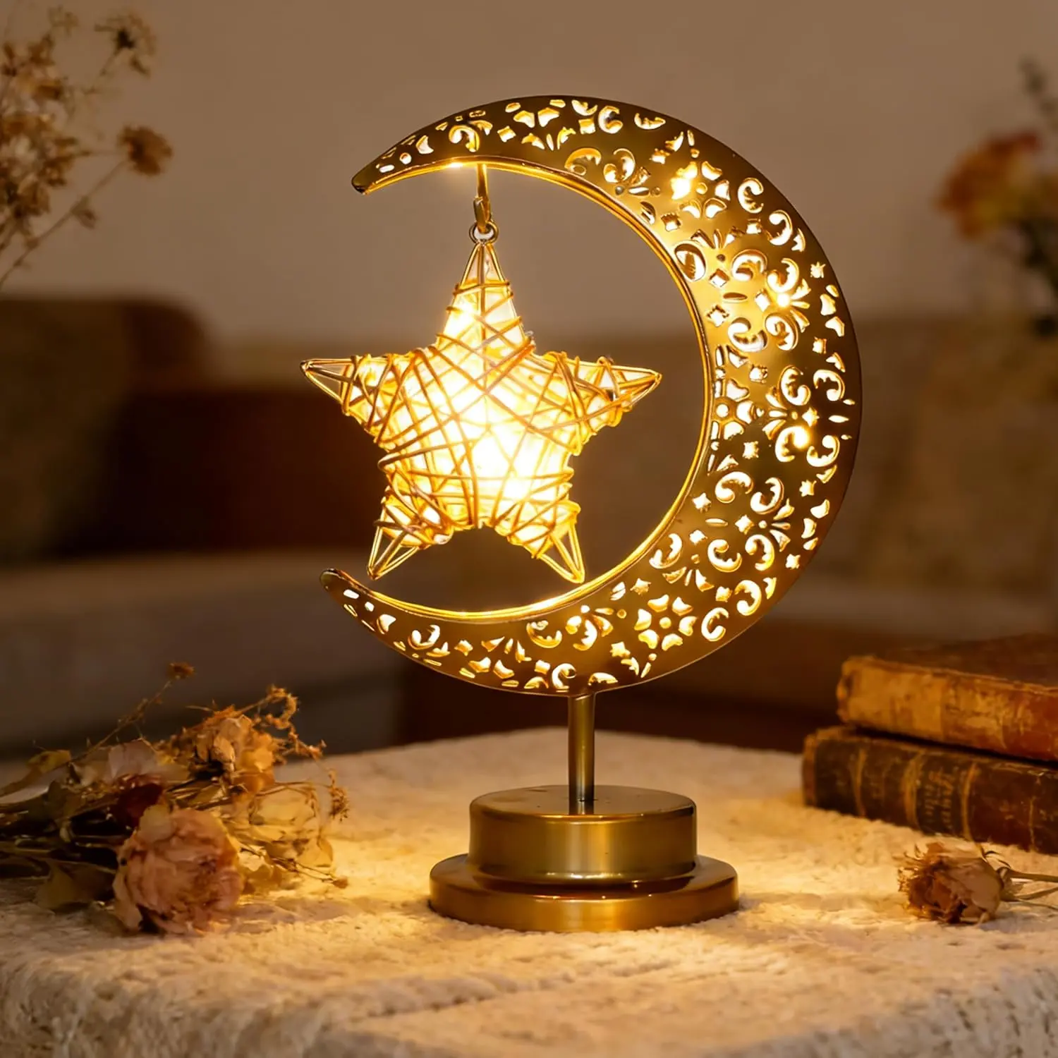 Ramadan Moon Lamp, Battery Powered Vintage Ramadan Decorations Moon Lamp, Eid Crafts Night Light for Home, Bedroom, Living Room,Ramadan Table Decor, Eid Decorations