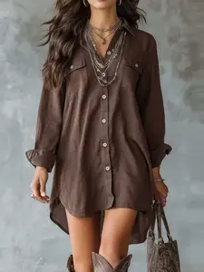 Women's Brown Long Sleeve Polyester Button-Up Shirt, Collared, Front Short Back Long Design With Pockets Spring