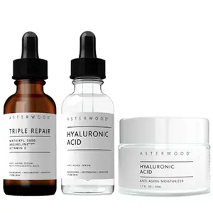 Asterwood Skincare Hero Trio | Triple Repair Serum + Hyaluronic Acid Serum + Moisturizer | Anti-Aging, Collagen Boosting, Hydrating, Moisturizing & Brightening Set