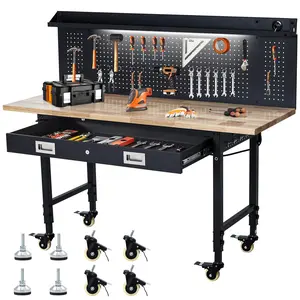 GARVEE 60" Adjustable Workbench with Drawer Storage, Rubber Wood Top Work Table for Garage, Heavy Duty Worktable with Removable Pegboard, Power Outlet, Hooks, Tool Storage Bench for Warehouse Workshop