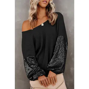 Sequin Waffle-Knit Blouse