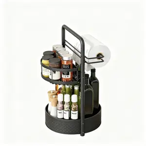 Double-layer rotating spice rack with tissue box organizer; lazy rotating tray for kitchen countertops