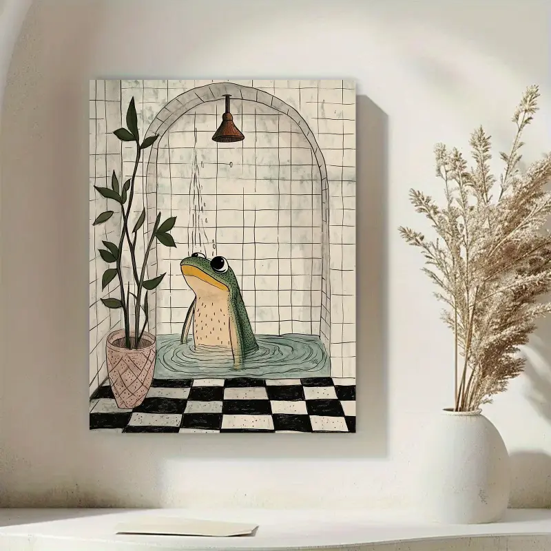 1 Piece Framed Frog Bathtub Wall Art - Vintage Green Frog Painting with Plants, Black and White Checkered and Beige, Modern Country Style Bathroom Decoration, Living Room Wrapped Canvas Print, Room - Easy Hook Installation, 2D Flat Surface, Suitable for R
