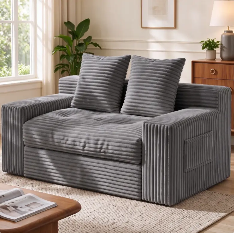 2 Seater Corduroy Floor Sofa with Ottoman, Modular Lazy Floor Couch with Side Pocket, Soft Plush Low Floor Sofa for Living