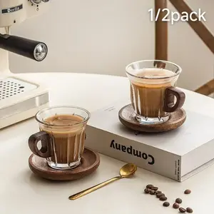 Glass Coffee Mug Set with Wooden Coasters, American Style Espresso Cups, Glass Drinking Cup, Food Grade Lead-Free BPA-Free Durable Design, Home Kitchen Cafe Bar Use, Birthday Holiday Housewarming Gift for Coffee Lovers