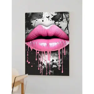 1pc Canvas Wall Arts Poster A Dramatic Rosy Lips Graffiti With Dripping Paint Effects, Enhanced By A Solid , Perfect For Adding An Edgy, Urban Vibe To A Contemporary Space