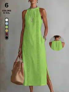 2026 European Chic Style Halter Linen Dress, Lace Trim Sleeveless Backless Long Dress, Summer Breathable Comfort Home Wear, Casual Two-In-One Dress