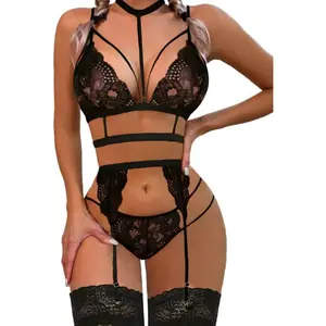 Lace Garter Lingerie Set with Removable Choker Teddy Babydoll Strappy Bra and Panty Set (No Stockings) Sexy Fabric Womenswear Spandex
