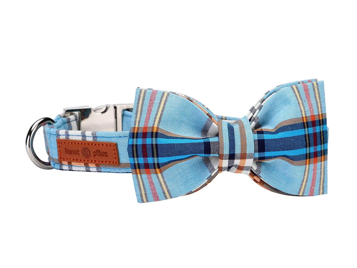 Lionet Paws Boy Dog Collar with Bowtie, Comfortable Adjustable Cute Blue Plaid Bow Tie Collar for Male Dogs Gift Harnesses
