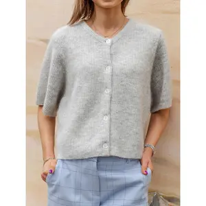 New round neck solid color short knit cardigan loose long sleeve top Women's Solid Color Cardigan Short Sleeve Round Neck Button Down Sweater Knit Tops