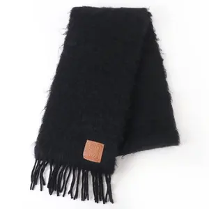 Pre-owned Loewe Wool Small Leather Goods Anagram Leather Patch Fringe Mohair Scarf