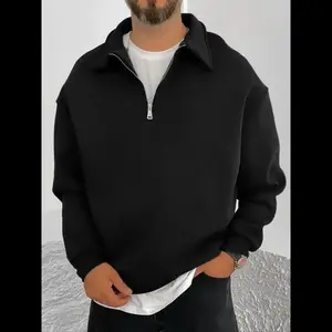 Men's Solid Color Half Zip Sweatshirt, Casual Cozy Loose Long Sleeve Collared Pullover for Daily Wear, Men's Clothes for All Seasons