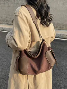 Vintage High-End Handbag, Large Capacity Shoulder Crossbody Bag, French Style Suede Velvet Dumpling Bag, All Seasons Plain Design