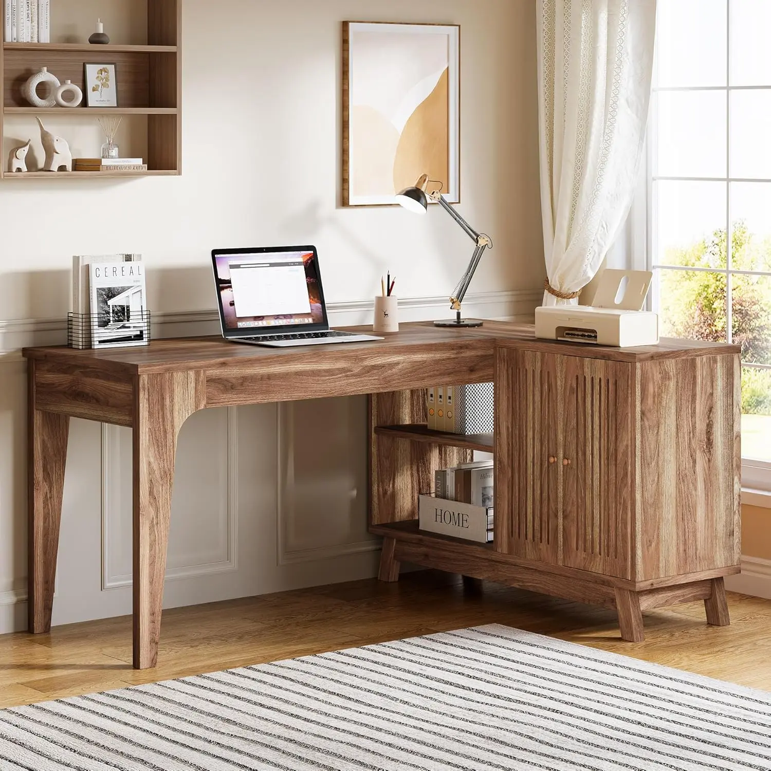 LITTLE TREE L-Shaped Desk with Storage Cabinet, 57-Inch Wood Corner Workstation, Home Office Computer Desk, Study Writing Table for Bedroom