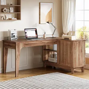 LITTLE TREE L-Shaped Desk with Storage Cabinet, 57-Inch Wood Corner Workstation, Home Office Computer Desk, Study Writing Table for Bedroom